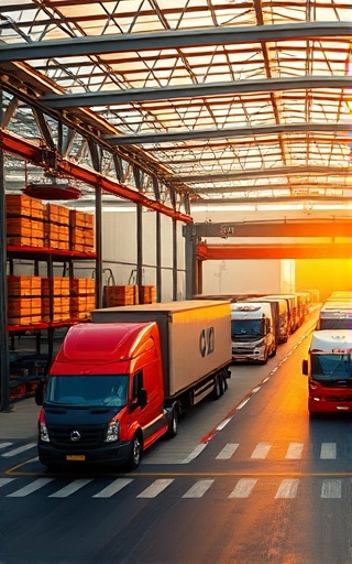 efficient inventory supply, seamless operation, truck unloading cargo, photorealistic, large outdoor loading dock with multiple vehicles, highly detailed, traffic movement, HDR quality, vibrant colors, golden hour lighting, shot with a 16mm lens.