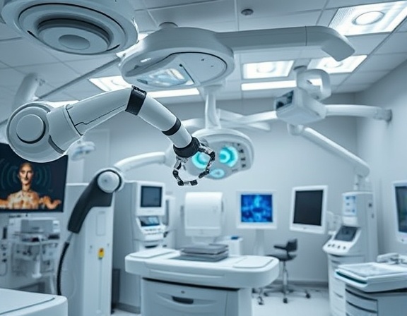 modern healthcare devices, advanced expression, enhancing diagnostics, photorealistic, in a sterile lab environment with various medical equipment, highly detailed, robotic arms in motion, HDR imaging, cool hues, direct overhead lighting, shot with a 50mm lens