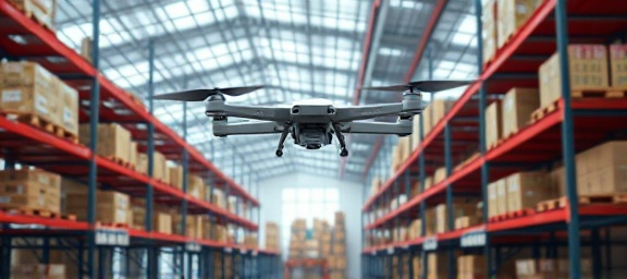 innovative distribution supply, cutting-edge technology, optimizing resources, photorealistic, futuristic supply chain facility with drones, highly detailed, drones flying through the facility, ultra-high-definition image, futuristic hues, bright white lighting, shot with a 20mm lens.