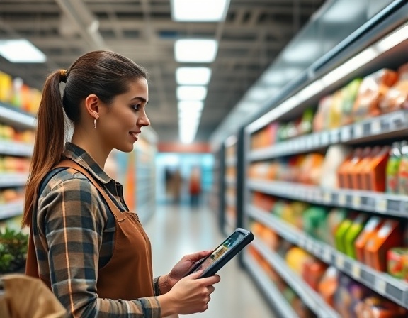 dynamic retail assistance, helpful, scanning items, photorealistic, modern supermarket with clean aisles, highly detailed, barcode scanner beam visible, crisp resolution, warm lighting, shot with a macro lens.