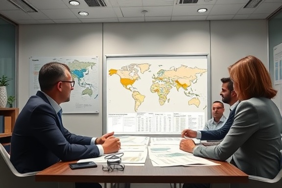 comprehensive distribution strategy, orchestrated plans, streamlining processes, photorealistic, corporate meeting room with maps and charts, highly detailed, executives discussing plans, 8K resolution, neutral colors, soft ambient light, shot with a 50mm lens.