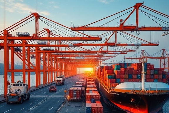 efficient distribution logistics, strategic coordination, moving cargo efficiently, photorealistic, busy port with cranes and container ships, highly detailed, bustling activity, 4K resolution, vibrant colors, early morning light, shot with a wide-angle lens.