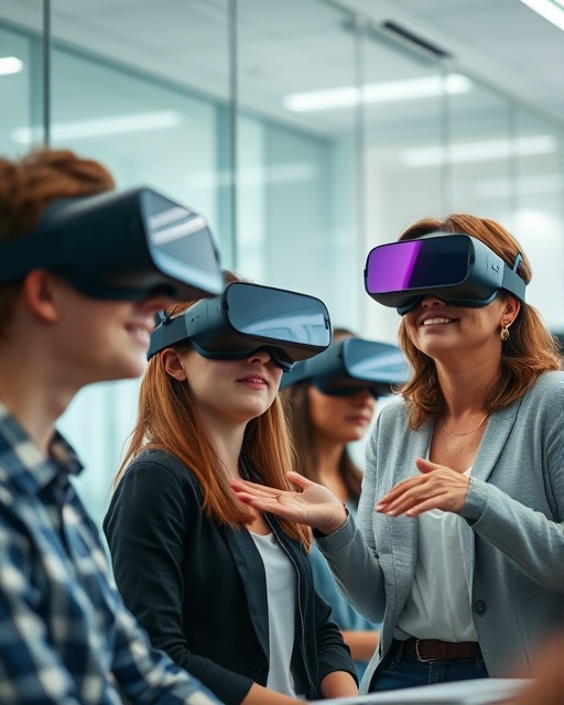 cutting-edge education technology, educator inspiring awe, demonstrating virtual reality learning tools, photorealistic, in a modern classroom with glass walls and smart lighting, highly detailed, students wearing VR headsets, depth of field in focus, cool tones, diffuse natural light, shot with a macro lens