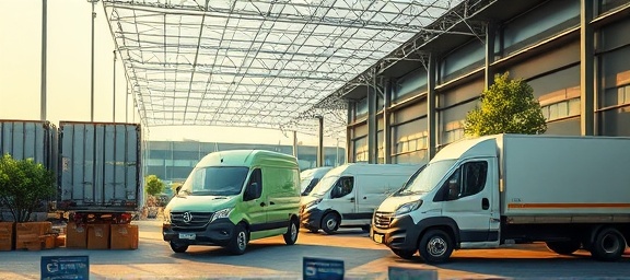 sustainable distribution network, eco-friendly initiatives, reducing carbon footprint, photorealistic, green warehouse with solar panels and electric delivery vehicles, highly detailed, electric trucks loading goods, HDR imaging, earthy colors, natural sunlight, shot with a 28mm lens.