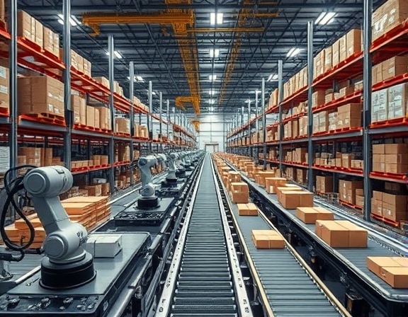 automated inventory logistics, precision management, robots sorting packages, photorealistic, high-tech environment with a labyrinth of conveyor belts, highly detailed, dynamic machinery, ultra-high-definition, sleek metallics, ambient lighting, shot with a 50mm lens.