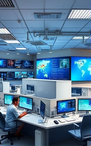 innovative healthcare digital, efficient expression, streamlining hospital operations, photorealistic, in a hospital command center with large displays, highly detailed, interactive touchscreen interfaces, high dynamic range, neutral colors, bright task lighting, shot with a wide-angle lens