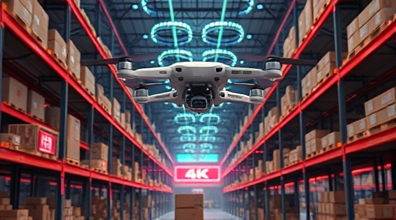 advanced inventory logistics hub, synchronized systems, drones hovering to place boxes, photorealistic, futuristic warehouse with neon signs and holographic displays, highly detailed, hovering motion, 4K resolution, neon accents, spotlights, shot with an 85mm lens.