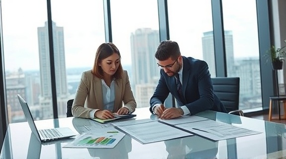 professional retail management, focused, planning strategies, photorealistic, sleek office with large windows overlooking the city, highly detailed, charts and graphs on the table, crystal clear, cool tones, ambient lighting, shot with a standard lens.