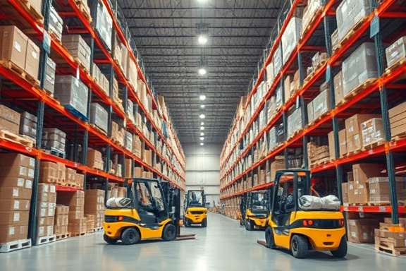efficient retail logistics, organized, coordinating stock, photorealistic, spacious warehouse with tall shelves, highly detailed, forklifts in motion, high-definition clarity, neutral colors, overhead lighting, shot with a wide-angle lens.